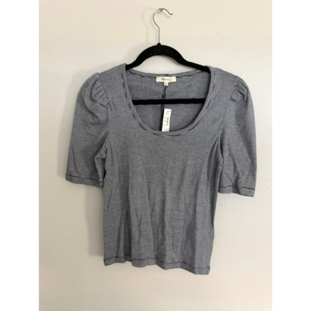 Madewell Womens Small Striped Puff Sleeve Scoop Neck Top Navy White NH320 NWT
